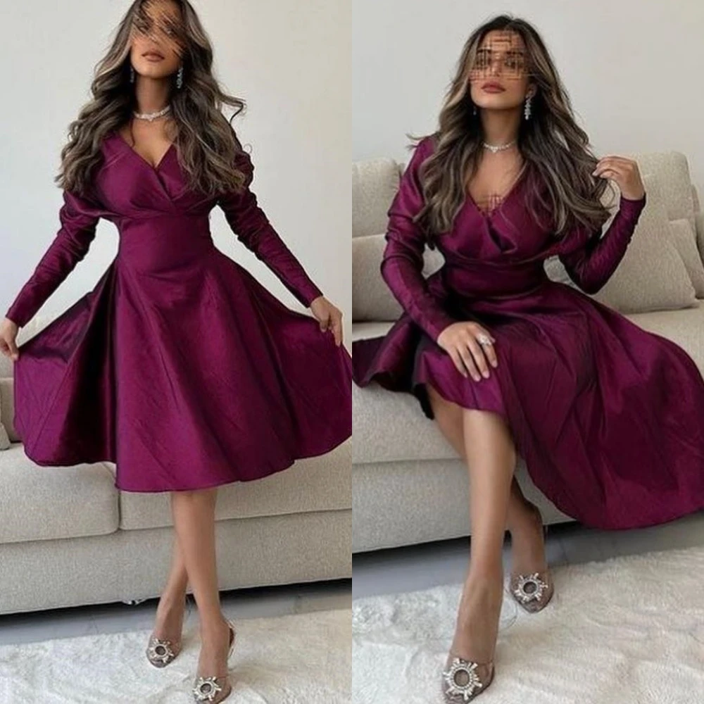 

Exquisite High Quality V-neck A-line Knee Length Evening Dresses Formal Ocassion Gown Satin vestidos para eventos especiales