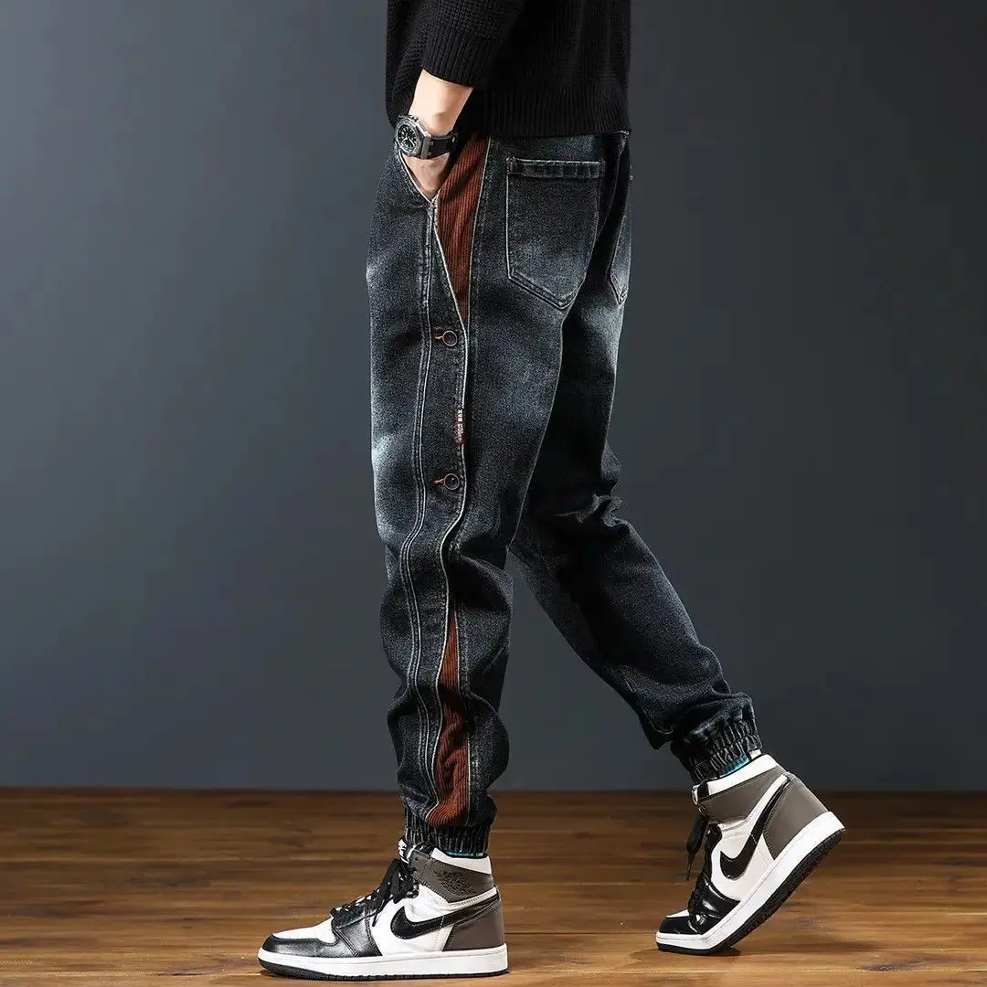 Korean Popular Clothes Men's High Street Splicing Loose Wear-resistant Trousers Trendy Tooling Tied Feet Harlan Trousers Man