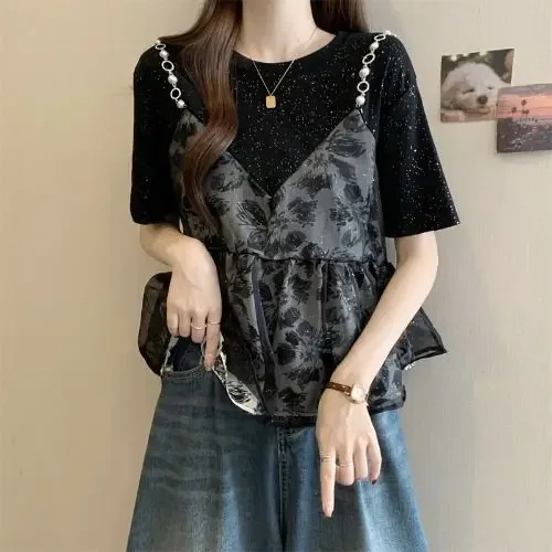 

Футболка для женщин. Уникальный и универсальный повседневный топ. Летний французский стиль. Поддельные двухсекционные футболки с короткими рукавами.