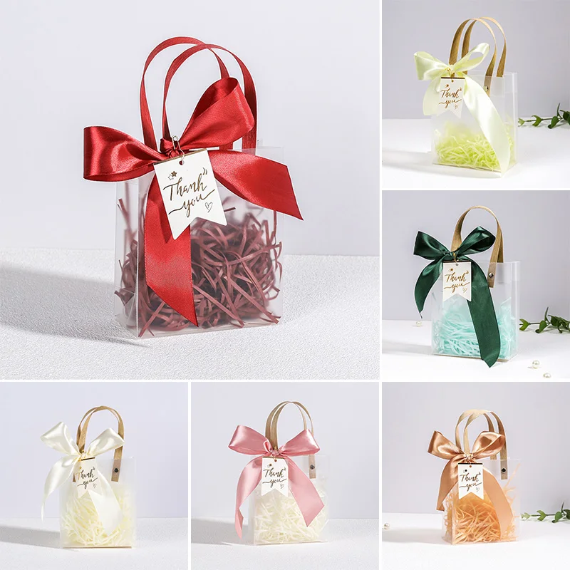 10Pcs Clear Gift Bags PVC Frosted Transparent Tote Gifts Bag With Bow Ribbon Lafite Grass Wedding Birthday Holiday Souvenir Bags