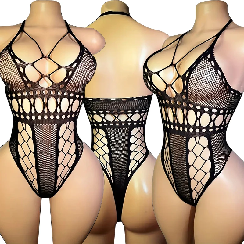 Conjunto de pijama de malla sexy sin mangas para mujer, lencería erótica de verano con sujetador abierto y cuello en V profundo