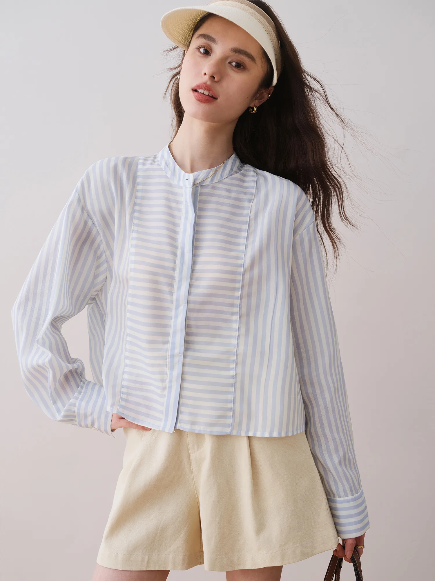 

Корейская модная женская одежда: свободная длинная футболка в полоску с воротником-стойкой, универсальная