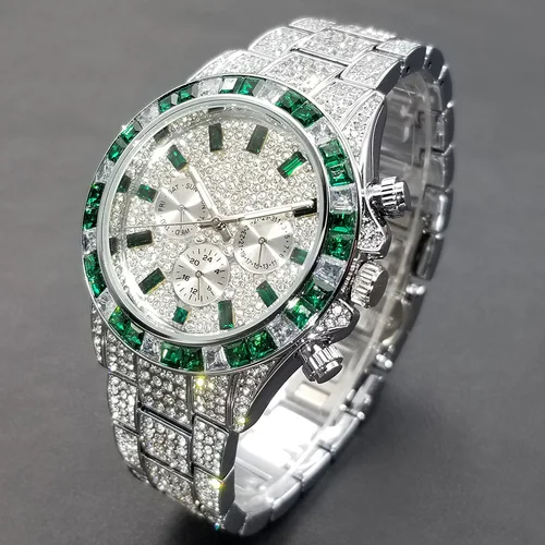Imagen 2 del producto MISSFOX-reloj con calendario de Hip Hop para hombre, elegante, con diamantes verdes, automático, con fecha, resistente al agua, novedad de 2022