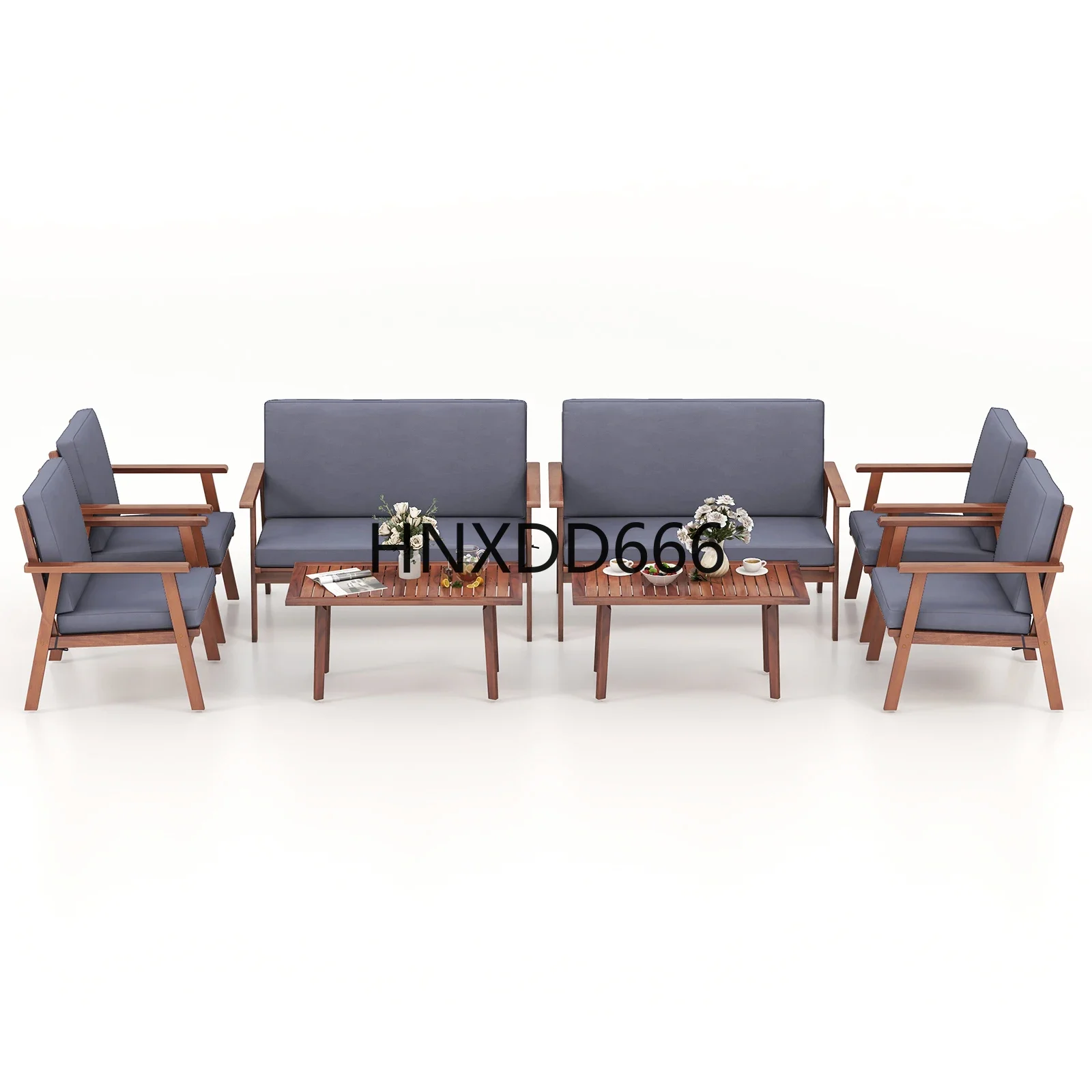 8 PCS Patio Conversation Set Acacia Wood Sofa Coffee Table with Cushioned Seat Grey