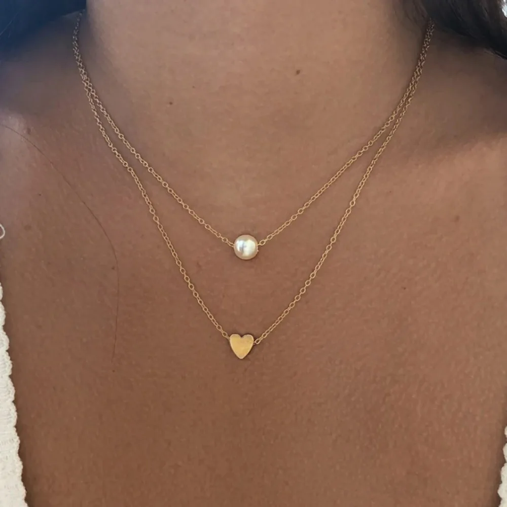 FSUNION 2025 New Simple Chokers Fashion Imitation Pearl Love Heart Double Layer Clavicle Chain Pendants Necklace Jewelry Gifts