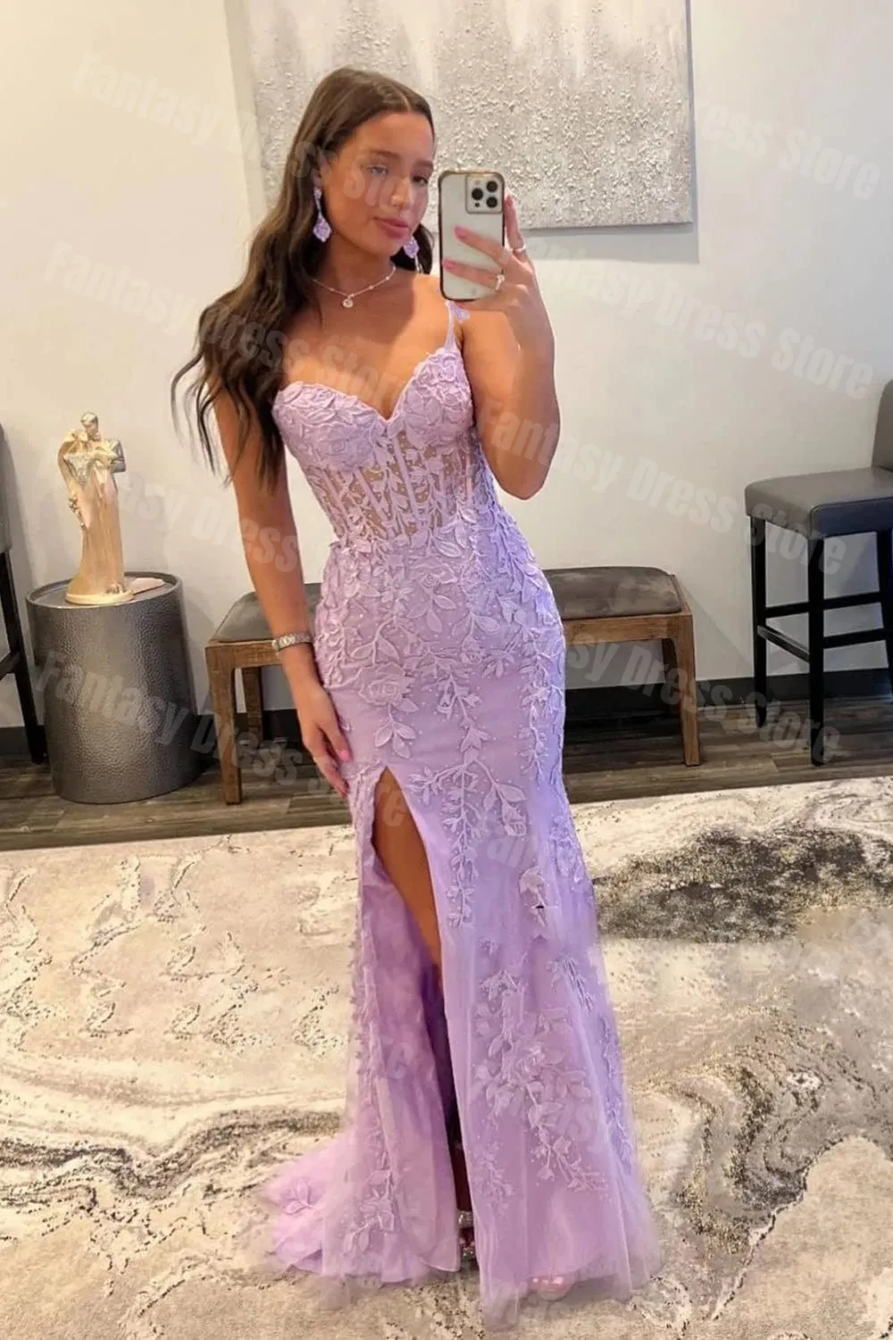 Charming Purple Mermaid Lace Ceiling Beaded Evening Dresses Side Split spaghetti Strap Side Split Porm Dress Custom Made 2023