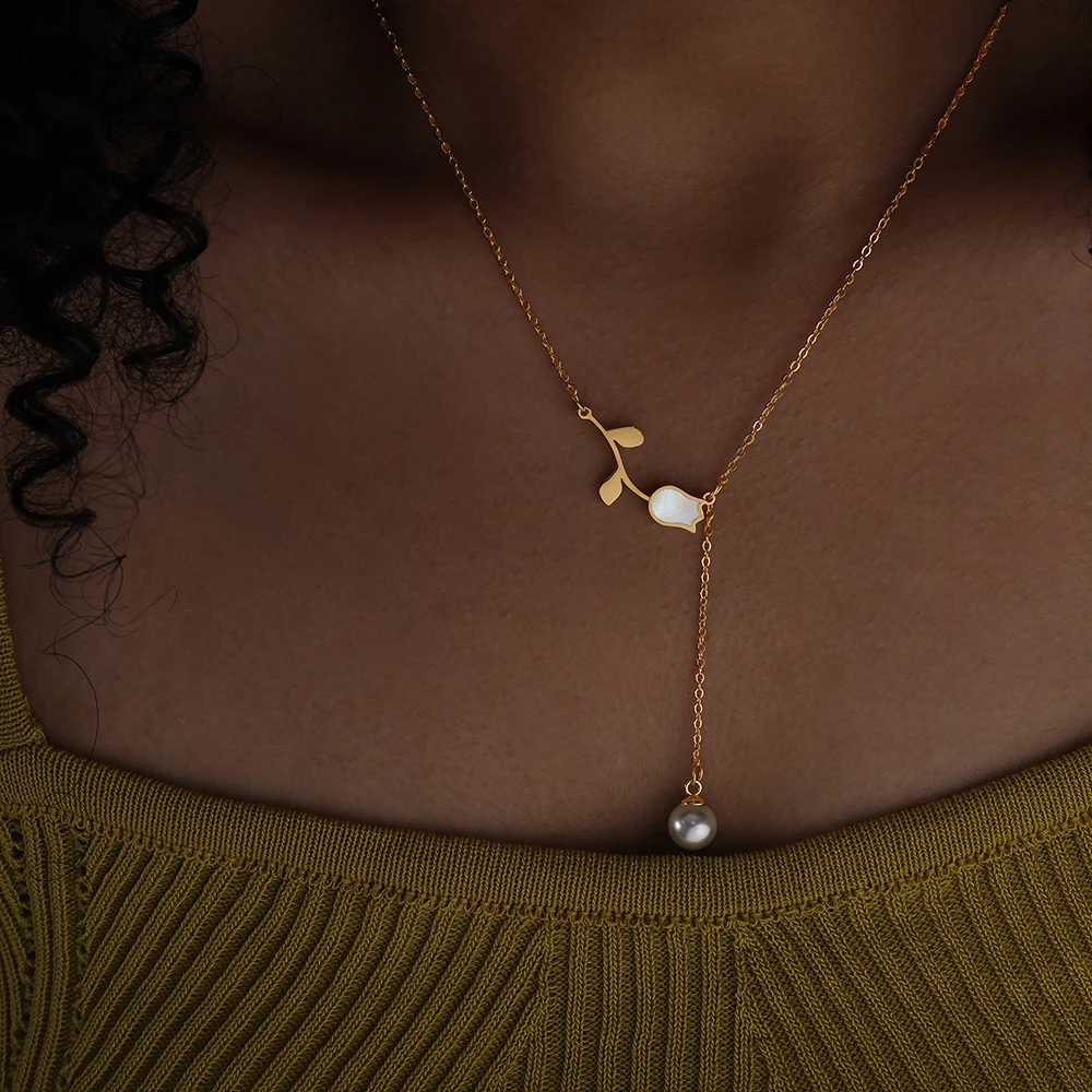 Tiny Chain Necklaces Stainless Steel Necklace for Women 18k Gold Plated Y Necklace Statement Rose Flower Pendant Tassel Necklace
