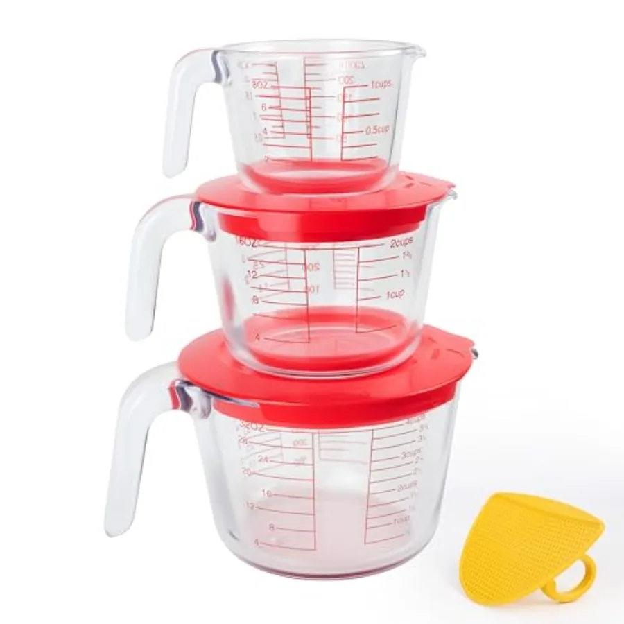 

6 Pcs Glass Measuring Cups Set with Lids Strainer Included - 1-Cup/2-Cup/4-Cup Nesting Jugs with Easy-Grip Handles, Kitchen Liq
