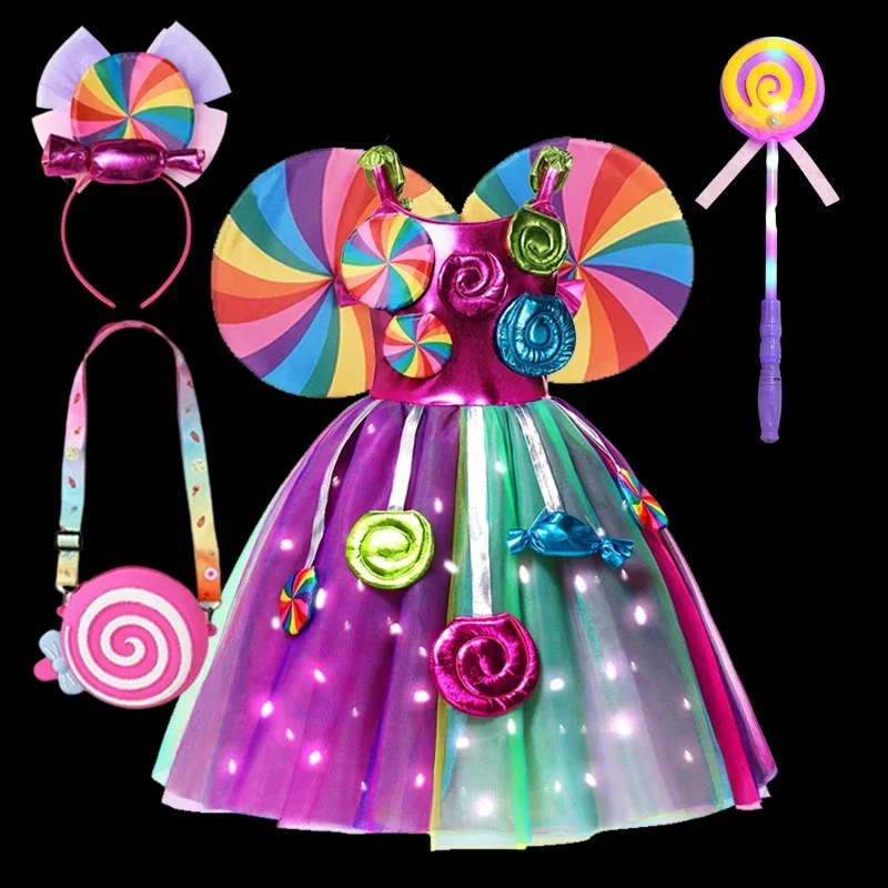 2025 New Rainbow Sweet Lollipop Candy Kids Dress Carnival Party Girl Birthday Costume Fancy LED Light Tutu Children Weddinskeif1