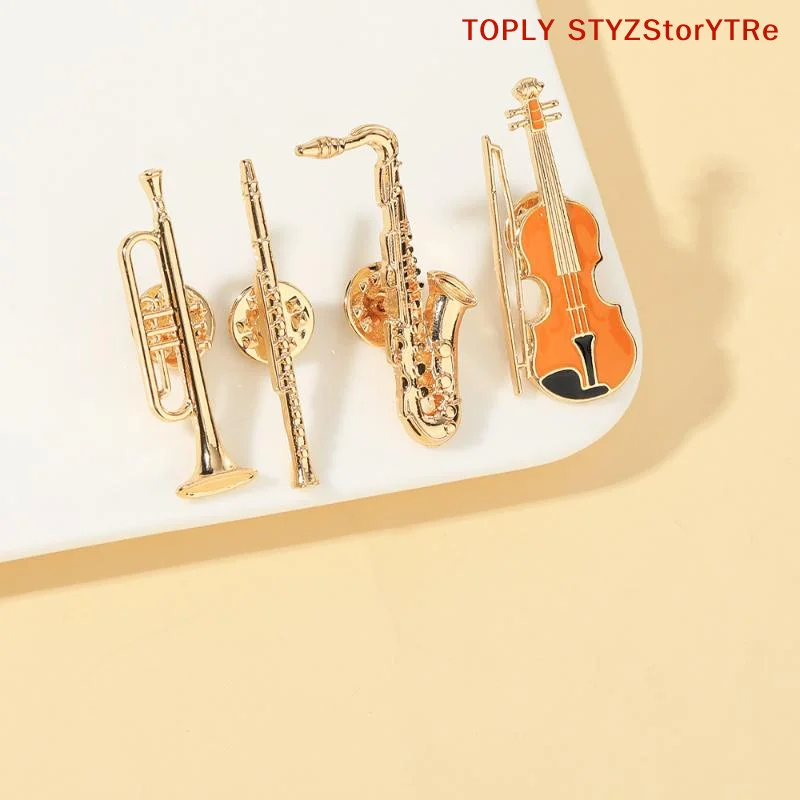 1Pcs Symphony Themed Badge, Comical Musical Gadgets Enamel Brooch, Trumpet to Violin Figures, Golden Pins