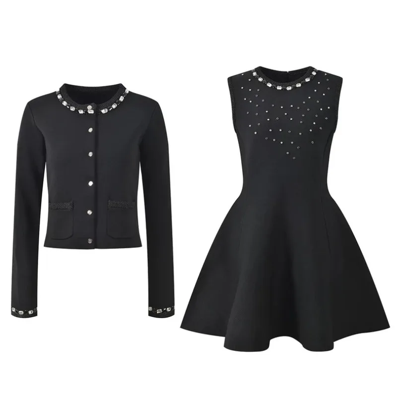 Elegant Vintage Crew Neck Nail Diamond Solid Color Fashion Knitted Jacket Dress Set
