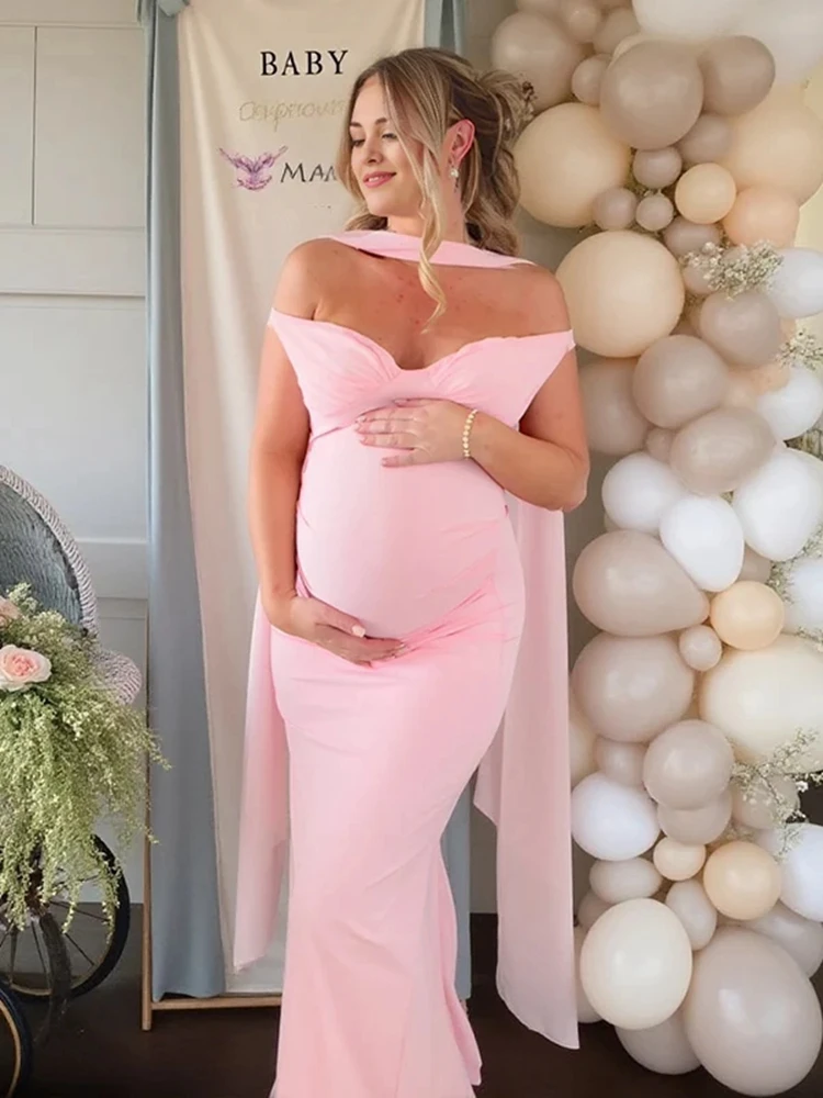 فستان أنيق للأمهات لالتقاط الصور بدون أكتاف وشاح وياقة فستان ماكسي بدون حمالات بدون ظهر للحمل فستان استحمام الطفل #1