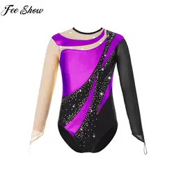 Children Girls Figure Skating Costume Ballet Dance Rhythmic Gymnastic Leotard Dancewear Long Sleeve Shiny Sheer Mesh Bodysuit