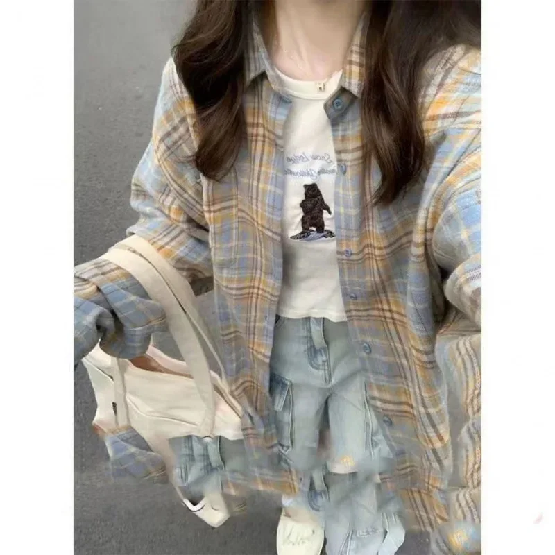 Dopamine Plaid Shirt Autumn Retro Casual Loose Thin Style Women's Plaid Trendy Cardigan Outerwear Shirt