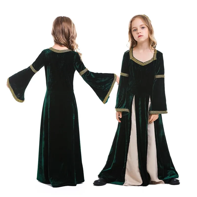 Kids Chidren Medieval Princess Cosplay Girls Fantasia Dark Green Retro Gown Halloween Renaissance Costume Disguise Party Suit