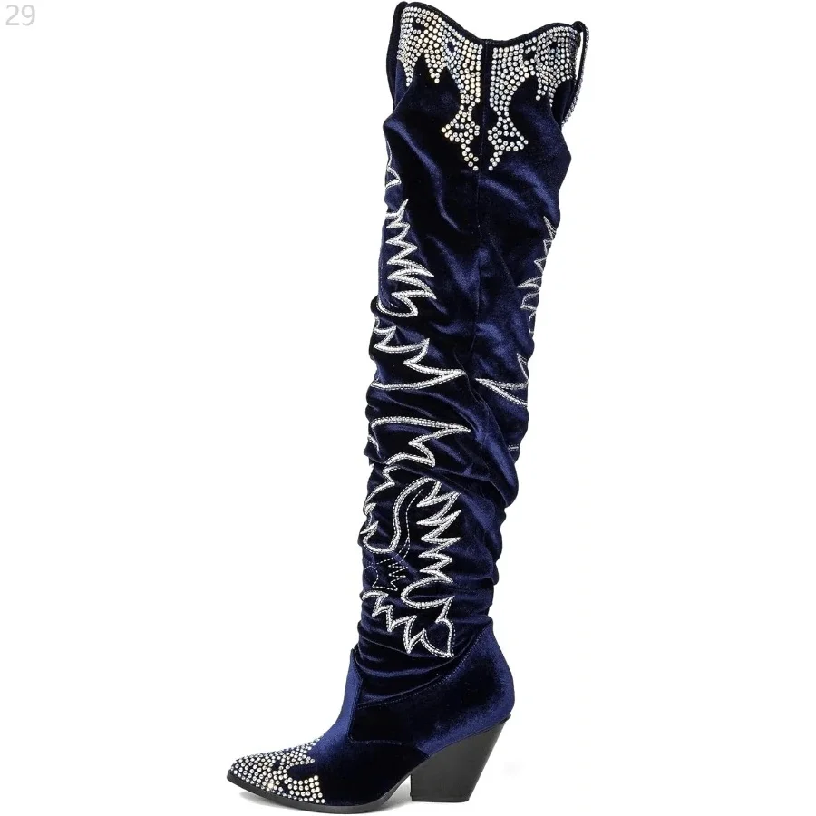 2026 Luxurious Royal Blue Velvet Chunky Heel Tall Boots Over The Knee Thick Heel Dress Boots Fall Winter Westen Shoes 44 view 4