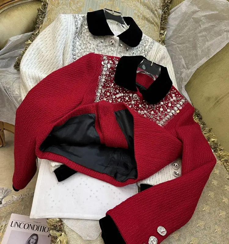 Giacca di Tweed con decorazione di strass primaverili per le donne cappotto di paillettes femminile elegante squisito autunno Trendy capispalla per