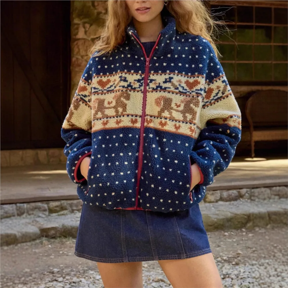 

Женская хлопковая куртка с рождественским принтом лося, осень-зима, новый стиль, повседневное теплое пальто с длинными рукавами и карманами на молнии, женское пальто 2025