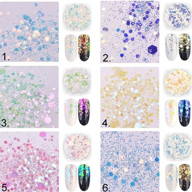 6Boxes/Set Holographic Nail Neon Flakes Mix Magic Mermaid Laser Nail Sequins UV Gel Polish For Glitter Nail Art Decorations MT07