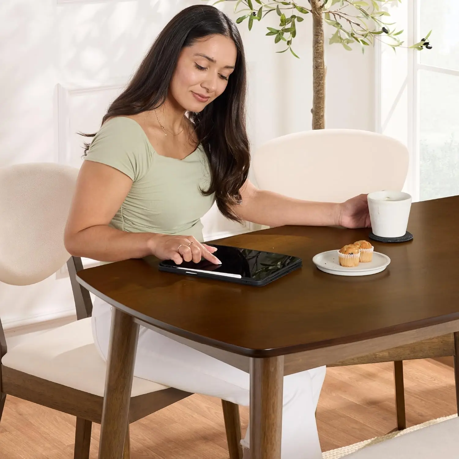 Walnut Wood 4 Piece Dining Table Chair Set Mid Century Modern Upholstered Bench Indoor Kitchen Dining Furniture view 5