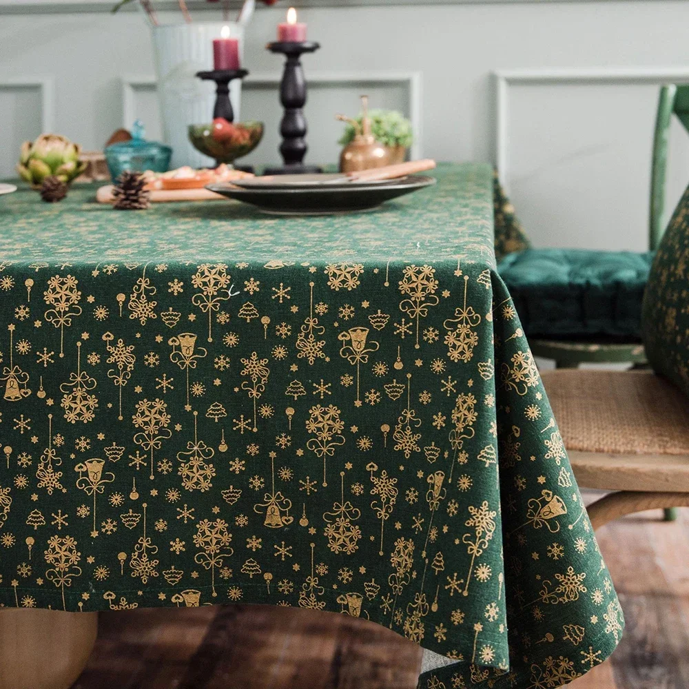 XS Linen Cotton Christmas Party Tablecloth, Japanese Green Bronzing Wind Chimes, Rectangle Dinning Table Cover for Home