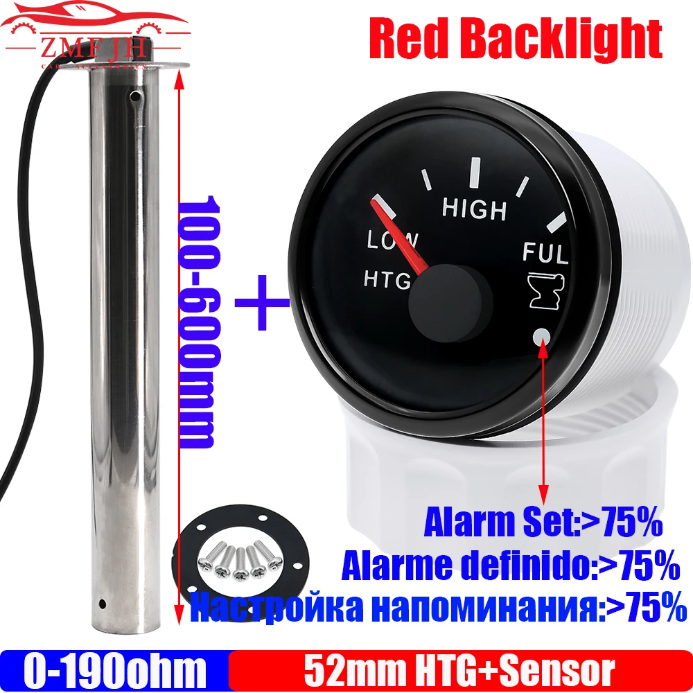 0-190 OHM Holding Tank Gauge with Alarm Red Light 52mm Sewage Level Gauge+Sewage Level Sensor Waste Level Meter Indicator 9-32V