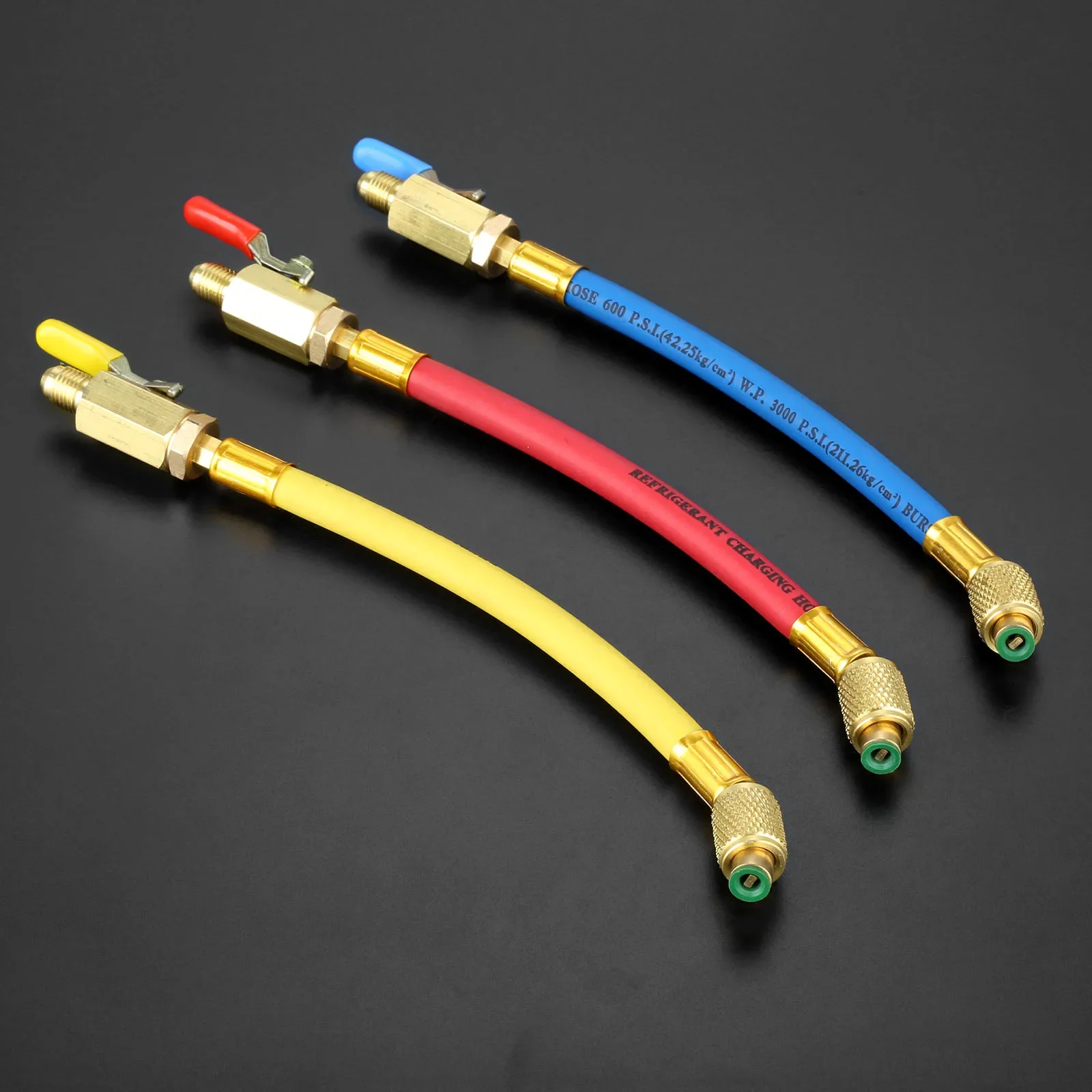 

3Pcs 9.8inch 1/4" SAE R134A Refrigerant HVAC AC Charging Hoses With Ball Valve Brass & Rubber Car Air Conditioning Repair Tools