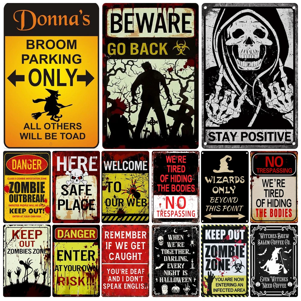 

Vintage Witch Halloween Wall Art Poster, No Trespassing Metal Sign, Warning Tin Plates for Gift, Bar Party, Room Decoration WY68