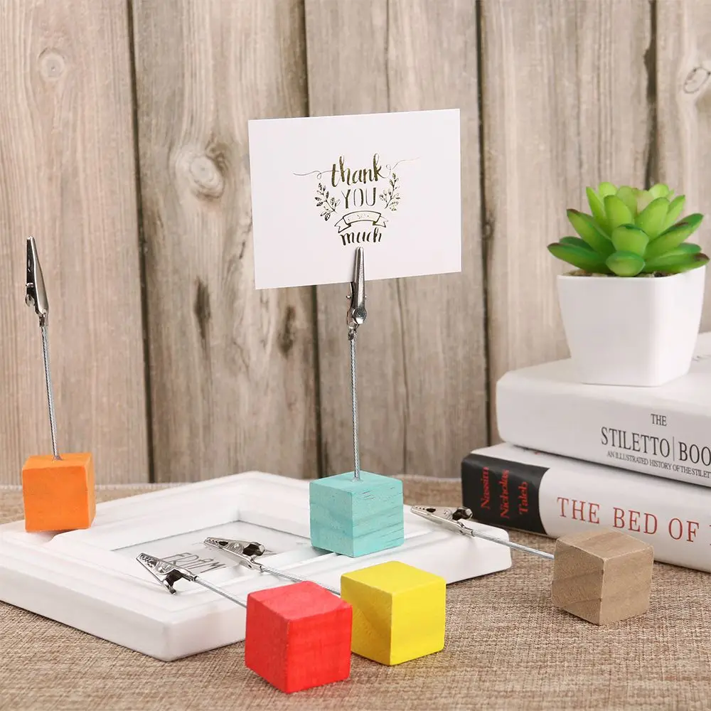 1PC DIY Home Decor Square Shape Message Folder Desktop Decoration Clamps Stand Place Card Photos Clips Wooden