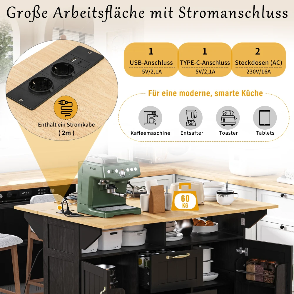 Kücheninsel mit Rollen, abnehmbarem Esstisch, mit Schubladen und Handtuchhalter, mobiler Küchenwagen mit Steckdosenstangen – Detail 6