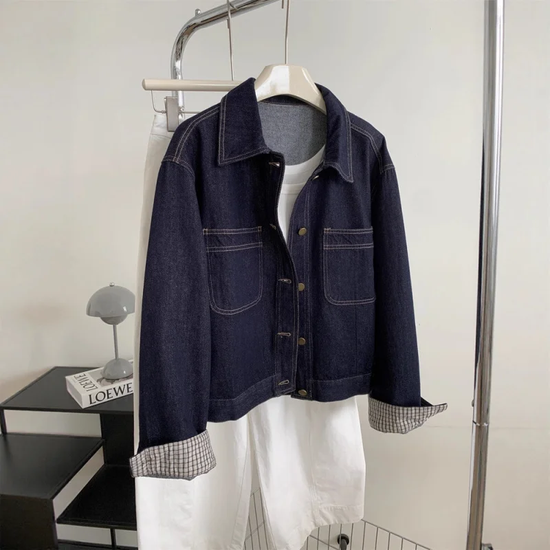 

Осенний тяжелый ретро стираный синий клетчатый рукав женский свободный корейский стиль миниатюрный короткий топ с отложным воротником