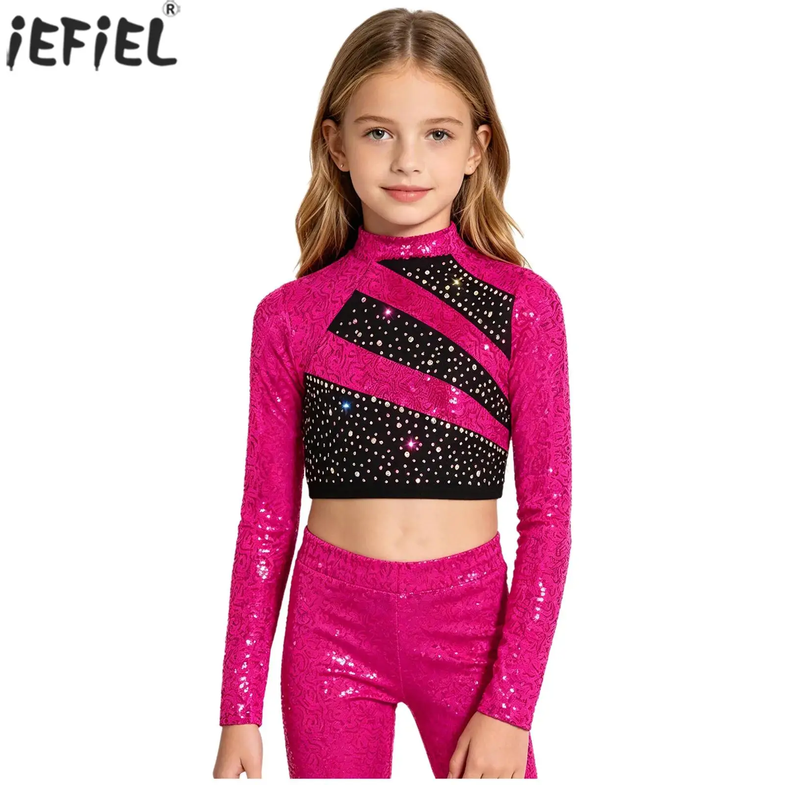 Kids Girls Jazz Modern Dance Tops Ballet Figure Skating Gymnastics Costume Long Sleeve Sparkly Sequin Rhinestones Crop Top Shirt