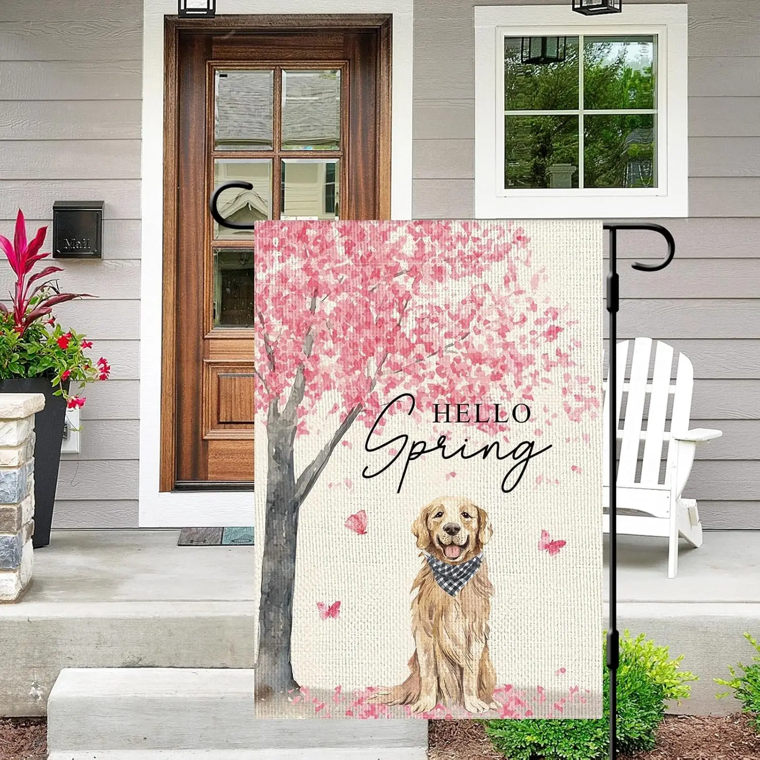 DLZDN Hello Spring Dog Garden Flag Golden Retriever Cherry Blossom Floral Garden Flag 12×18 Inch Double Sided Vertical Burla SSL