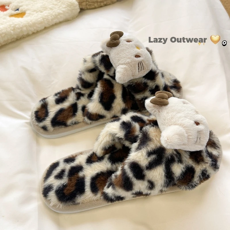 Sanrio Hello Kitty Leopard Lady Slippers Cartoon Cartoon Sweet Cool Kawayi Autumn And Winter Fashion Joker Platform Home Shoes