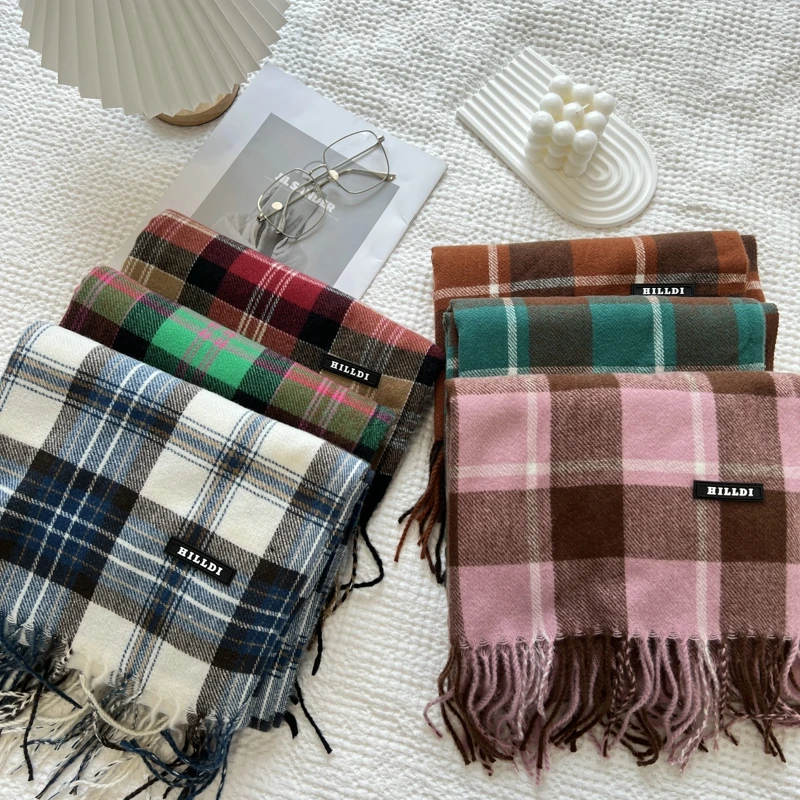 Bufanda de imitación de Cachemira a cuadros para mujer, chal de Invierno para mujer, bufandas cálidas con borlas, bufandas de punto, nuevo