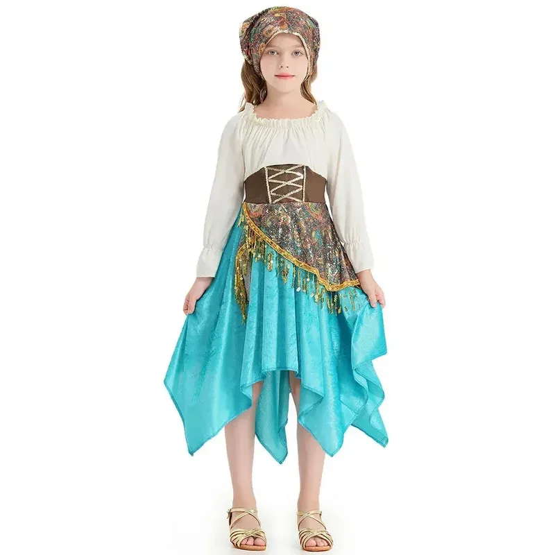 Costumi cosplay di abiti con paillettes bohémien vestito da ballo Menco svasato a maniche lunghe irregolare azzurro cielo