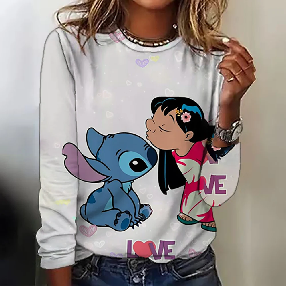 Women\'s round neck long-sleeved Disney Stitch Christmas print loose top breathable long-sleeved pullover daily casual T-shirt