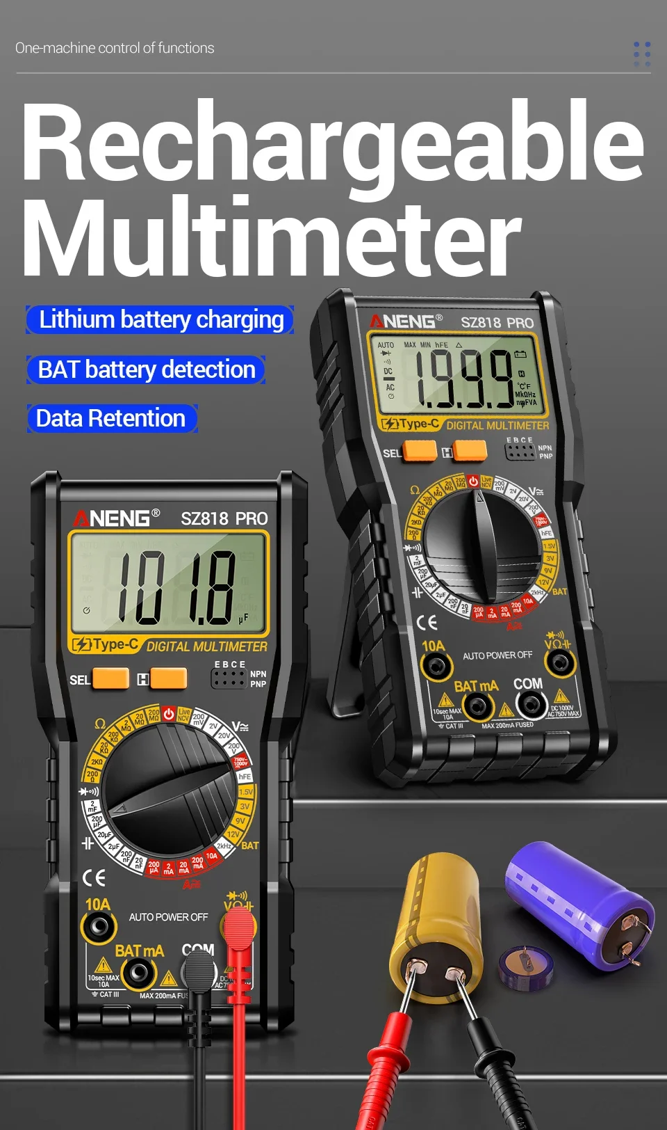 ANENG Digital Multimeters Rechargeable SZ818 Professional AC/DC Voltage NCV Ammeter Voltmeter HFE Triode Capacitor Test Tools