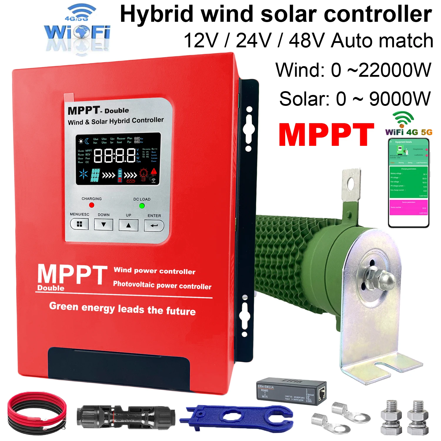 3000W 12V 24V 48V MPPT Hybrid Charge Controller Wind Generator Solar Panel Charger LCD Display Dump Load For Household Systems