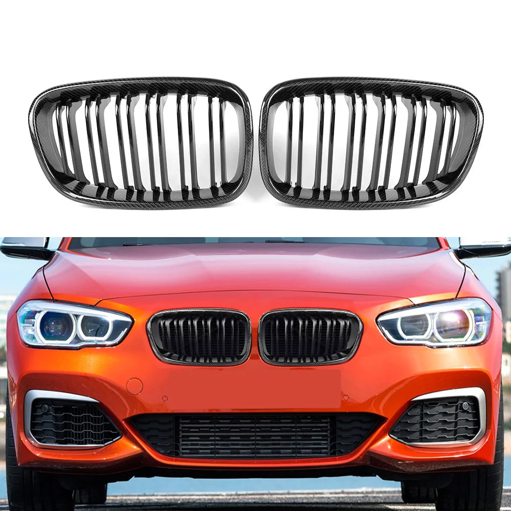 

Double Slats Carbon Fiber Front Bumper Kidney Grille Mesh Grill for BMW 1 Series F20 135i LCI 2012-2014，100% tested well