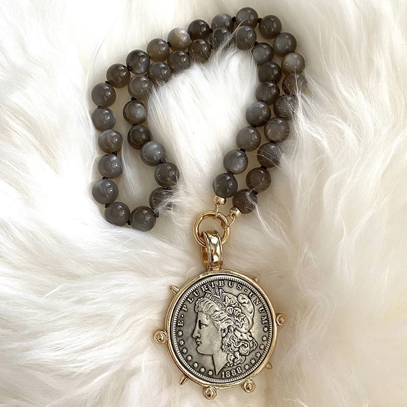 Silk Knotted Labradorite Vintage Carved Coin Roman Necklace For Women Bohemian Pendant Necklaces Boho Jewelry Choker Statement