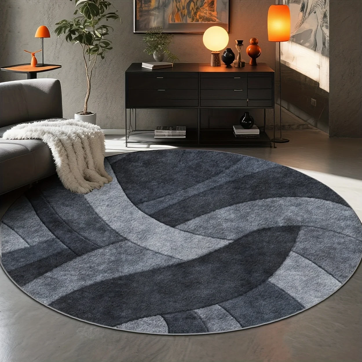 Modern Red Grey White Swirl Intersecting Lines Bold Round Rug For Contemporary Office Featuring Dynamic Motion Mat