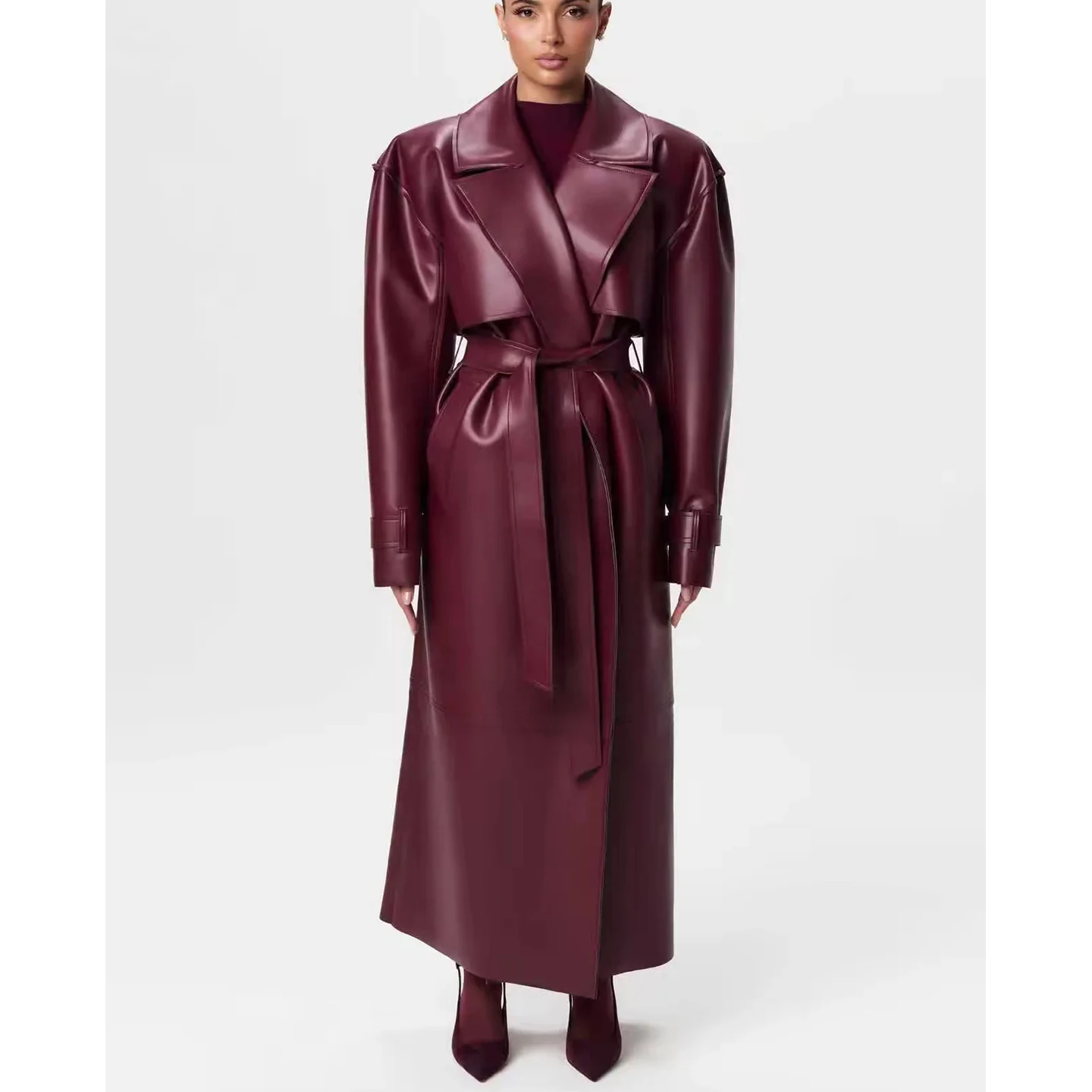 Cappotto longuette con cintura e nodo antigraffio in pelle PU lunga da donna nuova invernale Jaet Commute Sle in fibra di poliestere