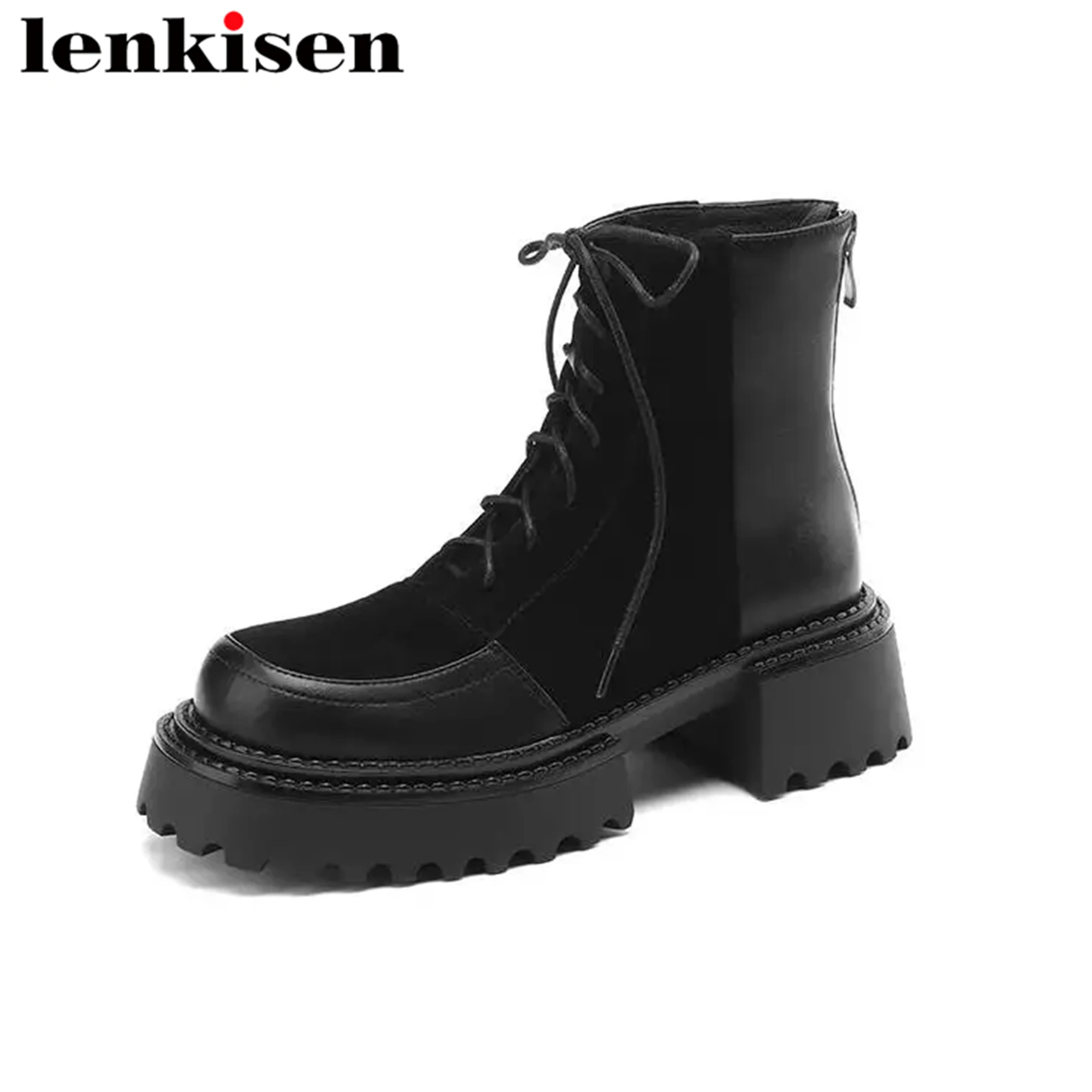 

Lenkisen 2024 Superstar Sheep Suede Round Toe Med Heels Winter Western Boots Platform Classics Retro Vacation Warm Ankle Boots