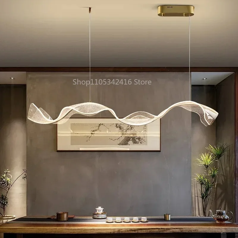 Modern Starry Sky LED Pendant Light, Luxury Wave Ribbon Hanging Lamp for Restaurant Tea Room Zen Home Decor