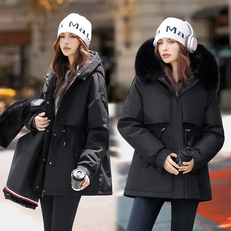 Vielleicht 2025 Women Winter Jacket Coat Casual Parkas Fur Collar Removable Wool Liner Hooded Outwear Cotton Warm Coats Female