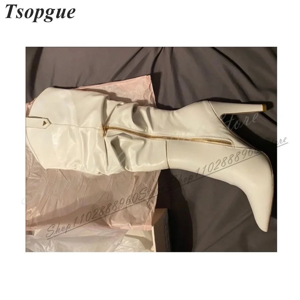 أنيقة الركبة عالية الأبيض مطوي الأحذية الجلدية سبايك أحذية عالية الكعب للنساء الجانب سستة أشار تو 2024 Zapatos Para Mujere