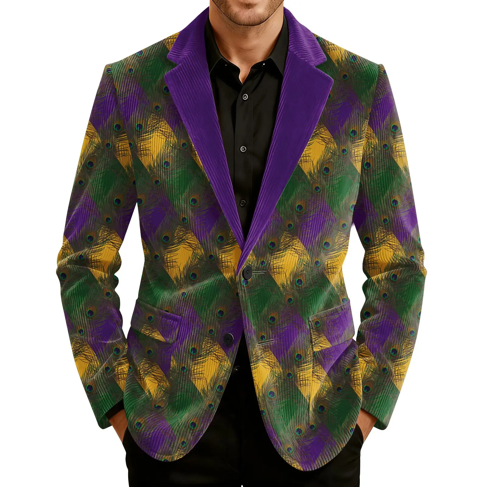 

Corduroy Warm Pocket Single Button Suit Carnival Printed Pattern Suit Jacket Winter Men'S Cardigan Casual Suit Carnival Suit