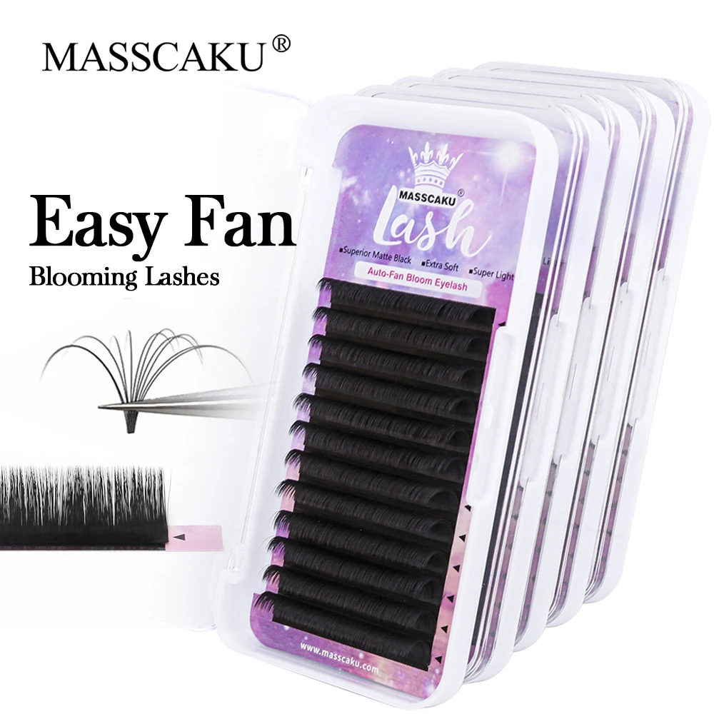 

MASSCAKU Matte Dark Black Easy Fanning Lash 12 Rows C D Curl Mega Volume Lashes 100% Handmade Camellia Blooming Eyelash in Stock