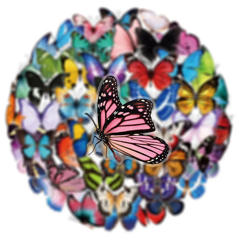 

50PCS Cartoon Color Butterfly Stickers Creative Waterproof Decals Transparent PET Decorative Mobile Phone Case Guitar Notebook